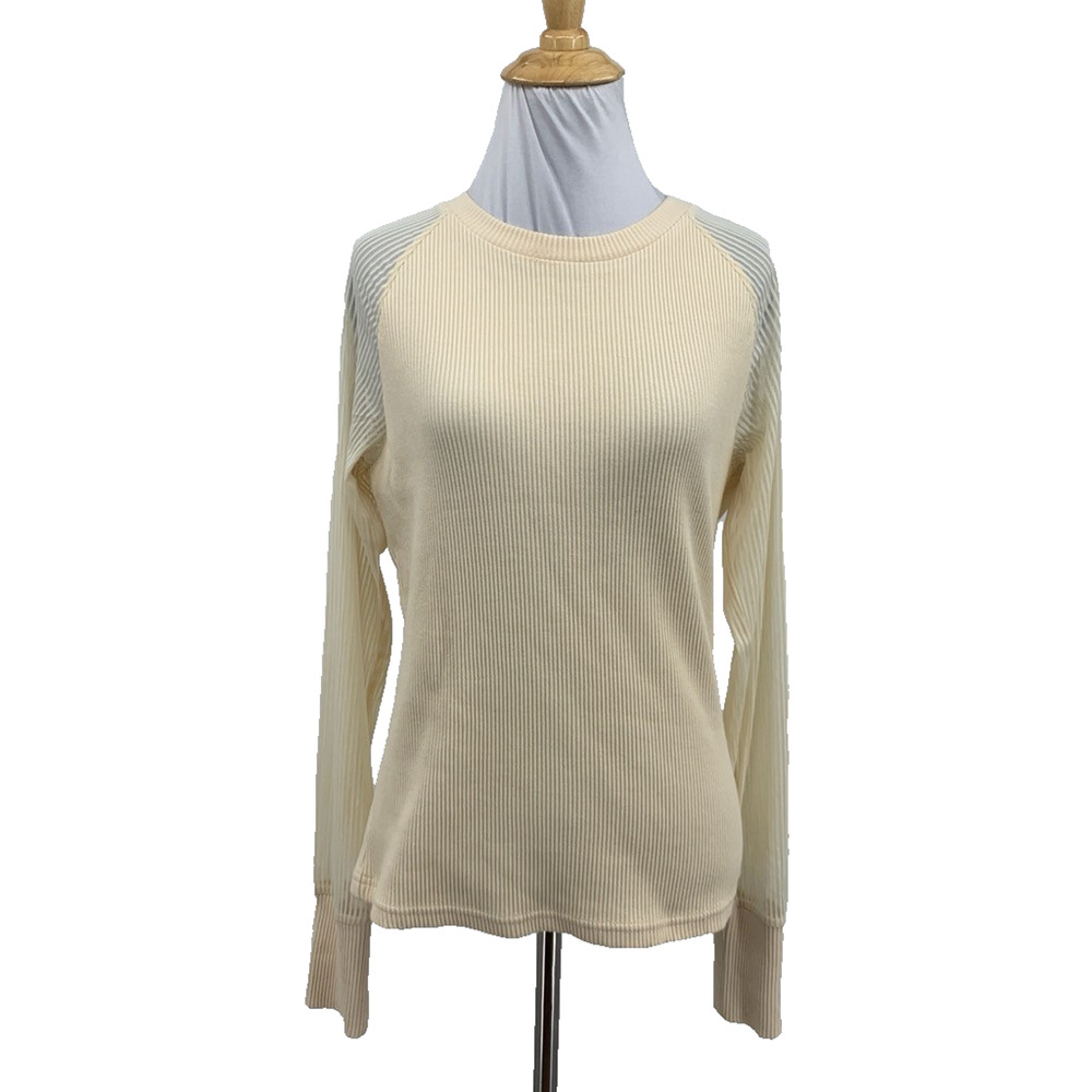 Bohme Top Womens L Large Cream Camden Ribbed Cotton Blend Sheer Sleeves Stretch